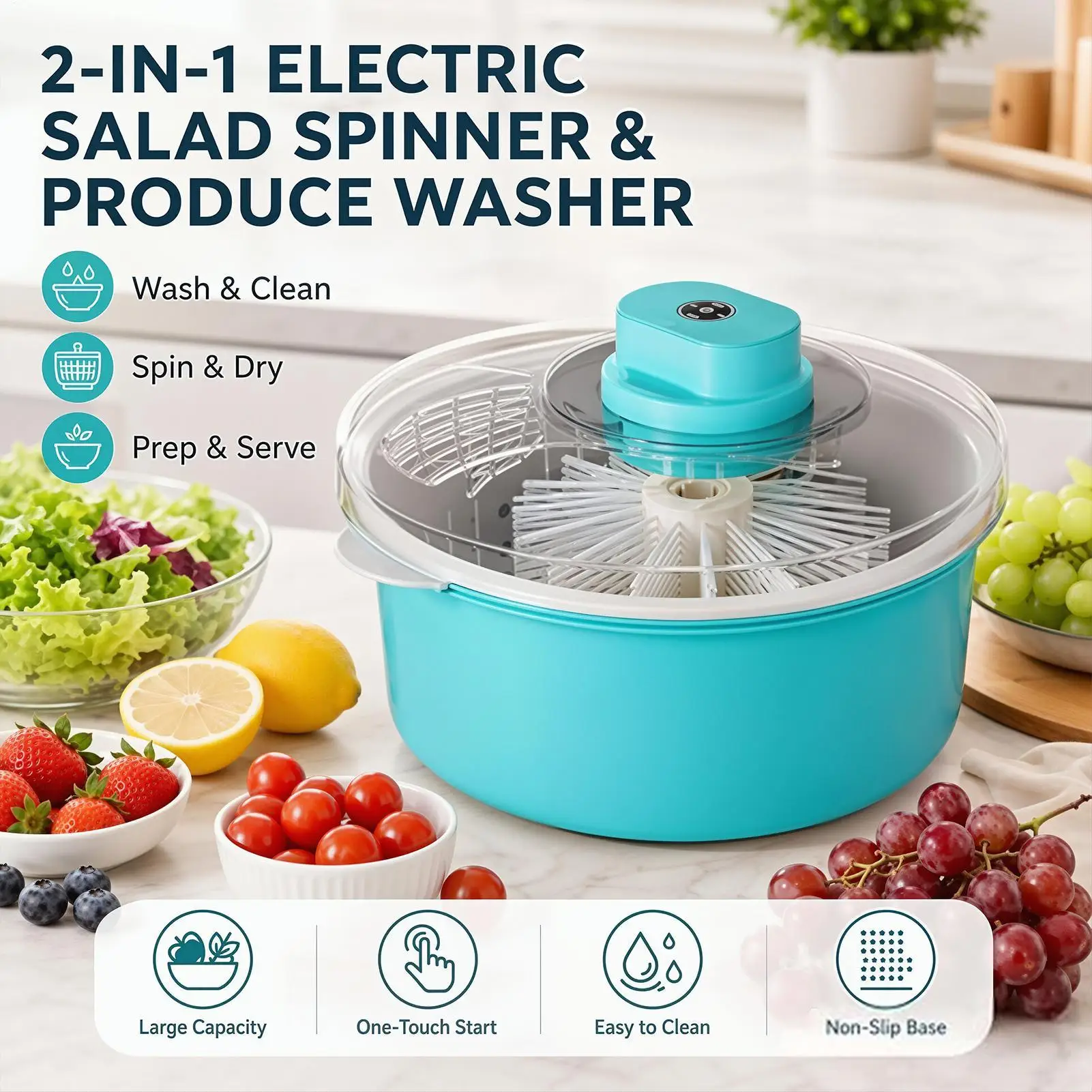 Electric Fruit Vegetable Washer Rechargeable Produce Cleaner Spinner Drain Basket for Salad Berries Kitchen Prep Tools