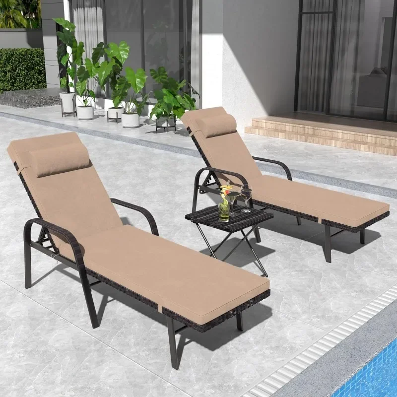 ZHENXIANG Patio Chaise Lounge Sets Outdoor Armchair Recliner Rattan Adjustable Back 3 Pieces Cushioned Patio Folding Chaise