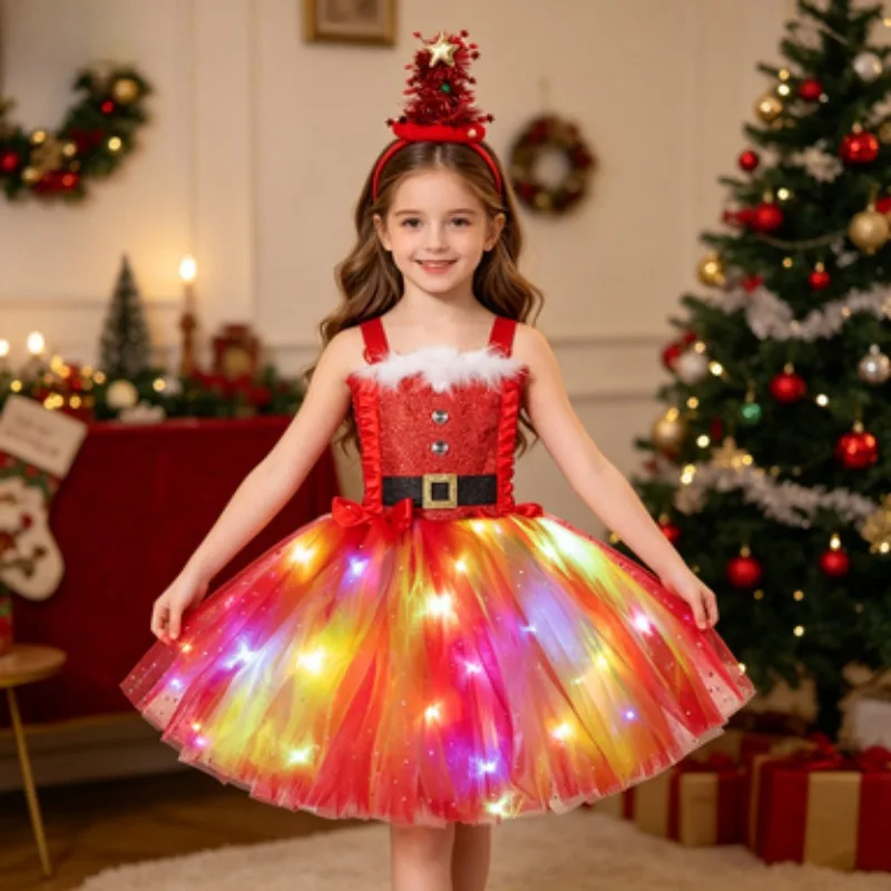 

Girls' LED Light-up Party Dress, Cute Christmas Tree Pattern, Sequined Performance Skirt for Kids, Christmas Stage Clothes