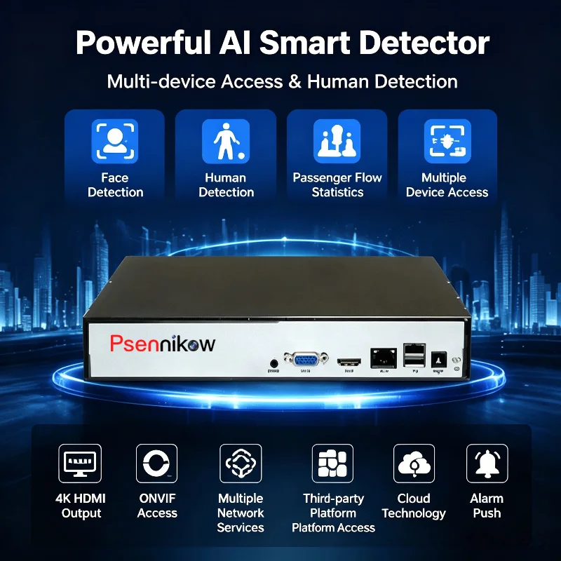 Сетевой видеорегистратор Psennikow 4K ONVIF NVR с функцией распознавания лиц, статистикой трафика пассажиров, HDMI, VGA, GB28181, облачной сигнализацией и push-уведомлениями