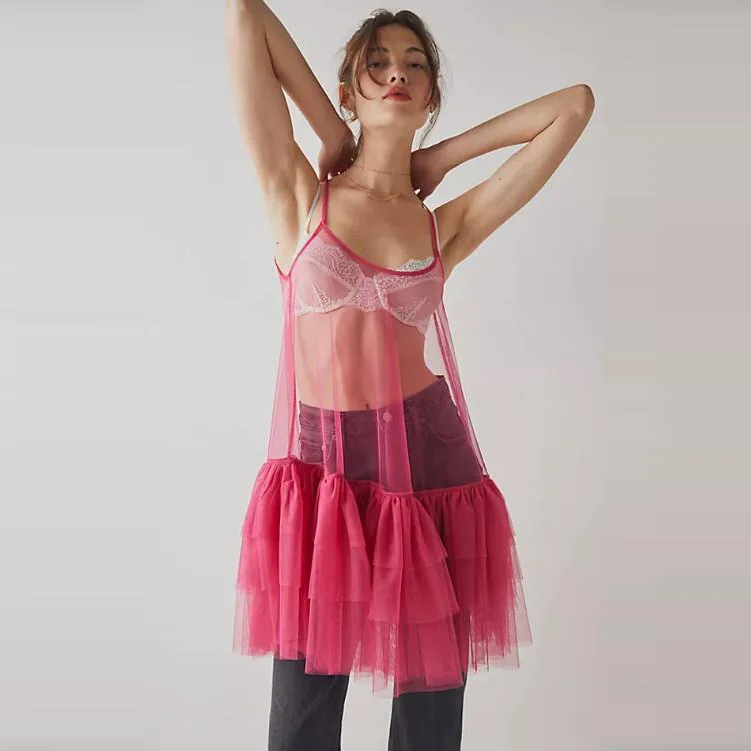 Sexy Tulle Overlay Shirt Spaghetti Straps Layered Ruffles See   Thru Illusion Tulle Party Top Custom Made High Street Y2K Outfit