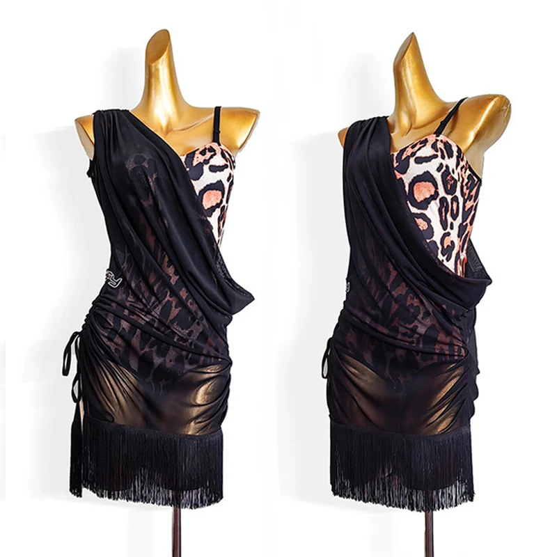 

Women Latin Dance Training Clothes Leopard Bodysuit Black Fringe Mesh Smock Dress Adult Cha Cha Rumba Practice Dancewear VDL5006