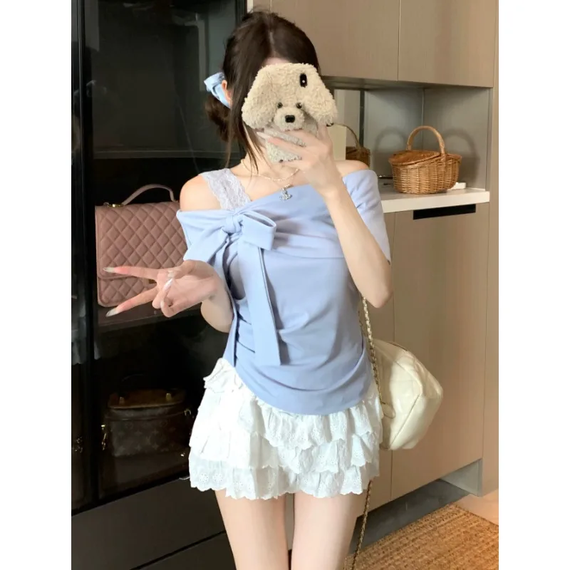 Unique One-Shoulder Short-Sleeve Slimming T-Shirt Women's Summer Casual Style Cover-Up Top Design Sensation Body Shape Enhancer