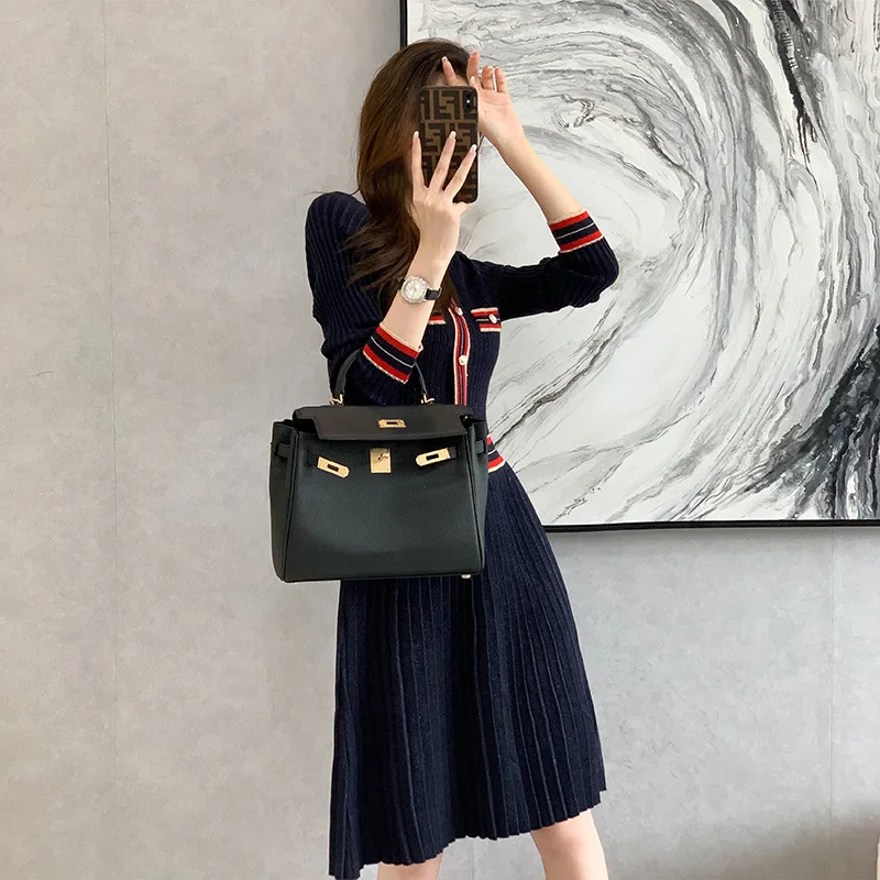 Abito lavorato a maglia pullover con scollo a O da donna elegante francese Autunno New Fashion Patchwork a vita alta Slim Midi Party Vestido