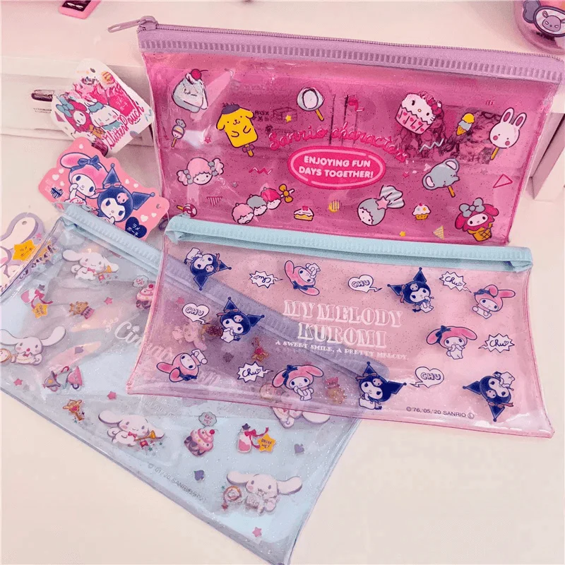 Kawaii kuromi má melodie cinnamoroll glittery pvc bh tužka pouzdro anime sanrio děvče srdce roztomilá multifunkční papírnictví úložný brašna