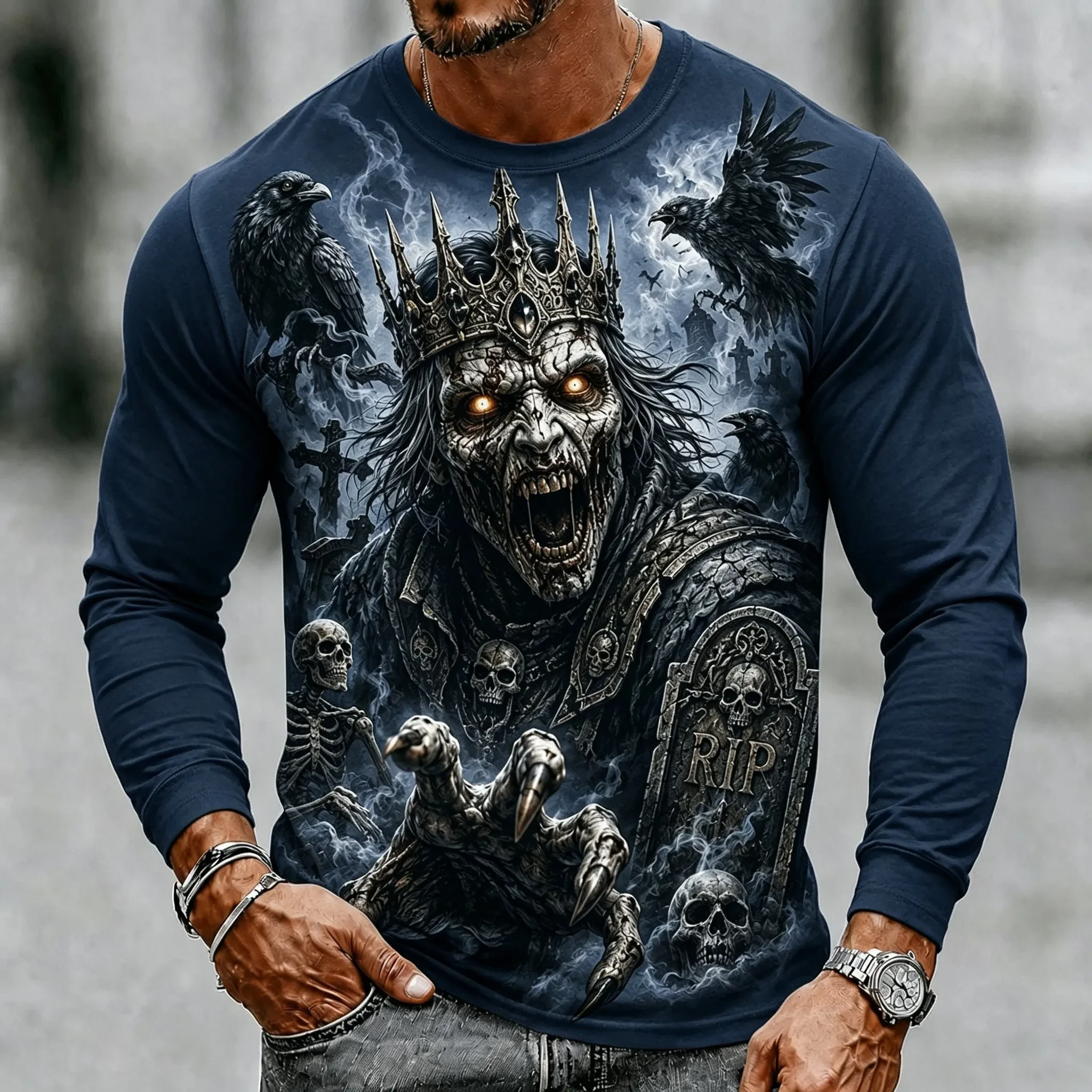 Men Gothic Skull Pumpkin Shirt Long Sleeve Crew Neck Casual Comfortable 3D Printed Novelty Trendy Fashion New Stylish Halloween
