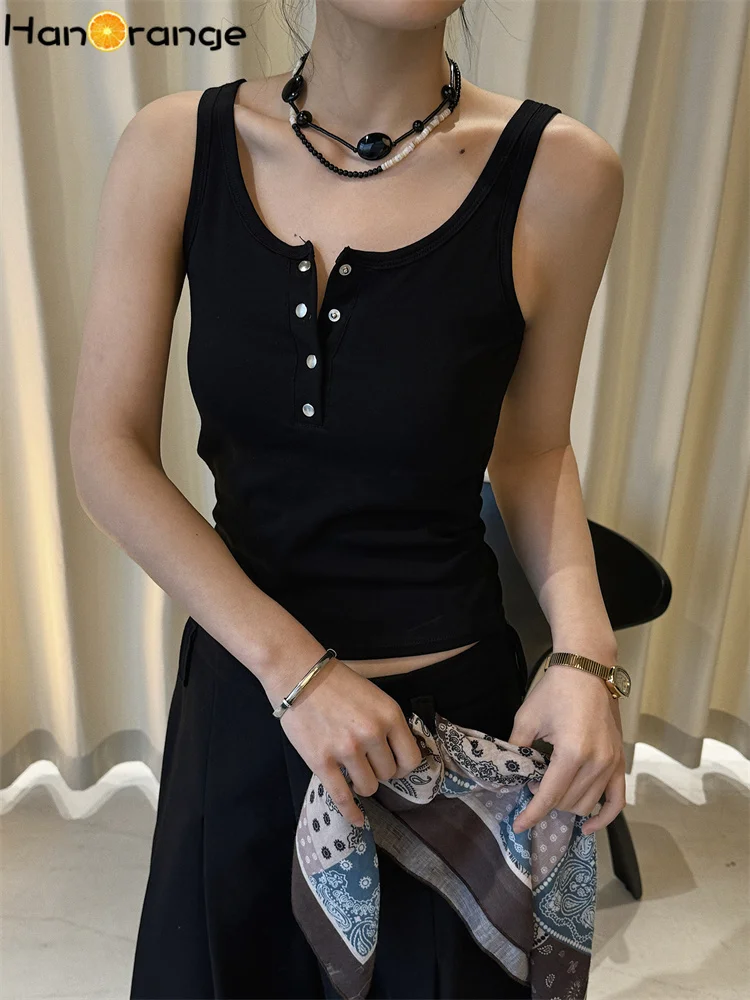 

HanOrange 2026 Весенний Ретро Модный Укороченный Топ на Пуговицах I-образной формы для Женщин, Стильный Безрукавный Топ Белый/Черный/Темно-серый/Зеленый/Синий