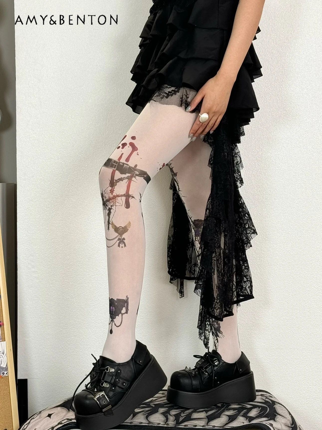 Dark Girl Purple Flower Print Street Gothic Pantyhose Japanese Animation Print Stockings Subculture Lolita Thigh High Stockings