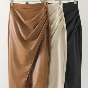 Damenleder Rock Midi High Taille Elegant Herbst Reißverschluss PU Front Schlampe Röcke schwarzer schwarzer falscher Lederrock für Frau gefaltet 10 Hauptverkauf PU -Rock - №8