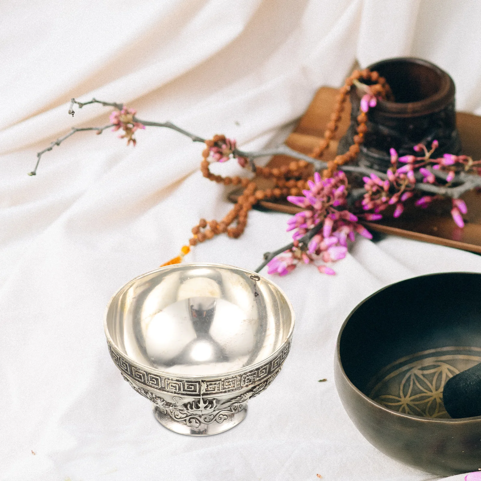 

Traditional Ethnic Style Copper Bowl Dragon Phoenix Carving Vintage Offering Bowl for Religious Ceremony and Collection