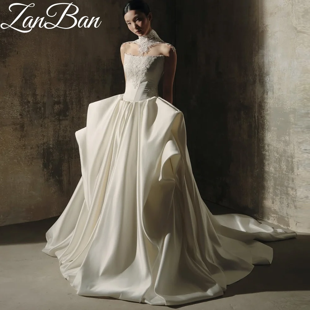 ZanBan Modern A-line Satin Wedding Dress 2026 Strapless Lace Scarf Pleat Sleeveless Bridal Gown Vestidos De Novia Customized