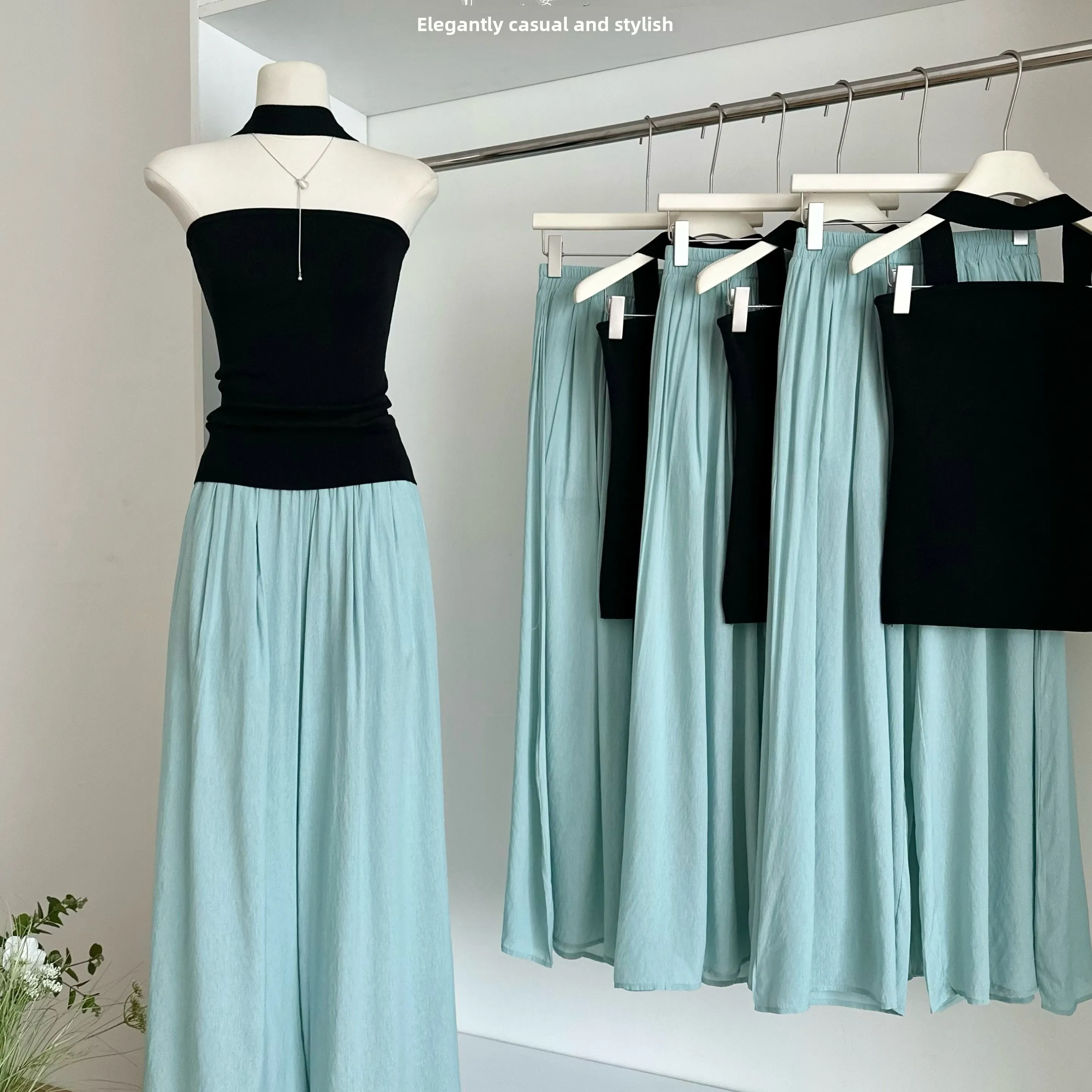 

Жилет с открытыми плечами, женский комплект из свободных широких брюк с высокой талией, повседневный корейский комплект Sle Faion