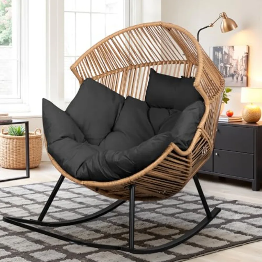 

Большое плетеное кресло-качалка в форме яйца черного цвета с ротангом из полиэтилена и подушкой для использования на улице, в помещении, на балконе, заднем дворе, в саду, для отдыха