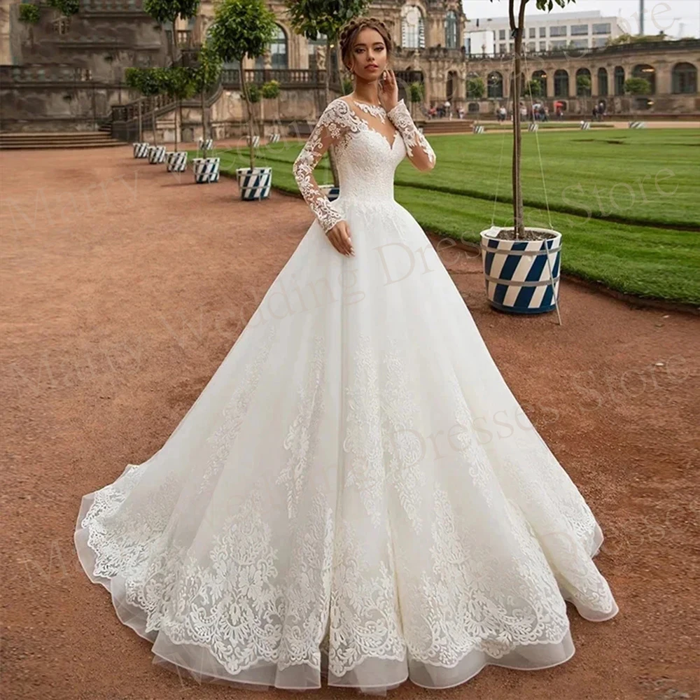 Exquisite Modern A Line Wedding Dresses Lace Appliques Long Sleeve Scoop Neck Bride Gowns Button Back Illusion Vestido De Novia