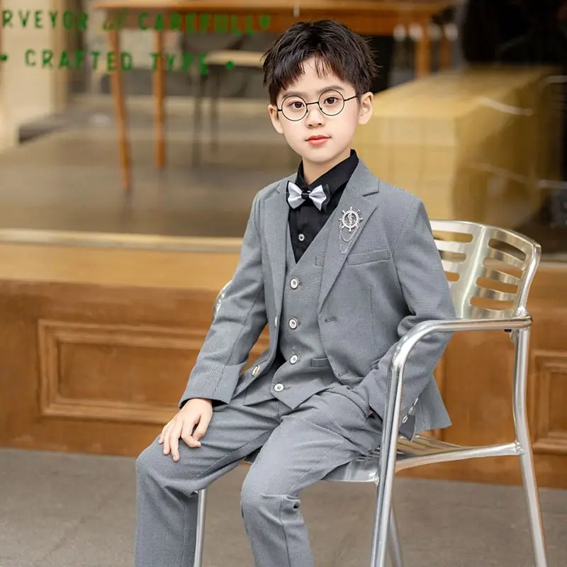 Boys Plaid Suit Vest Set Kids Gentleman Formal Waistcoat Outfit Children Party Wedding Dress Clothes