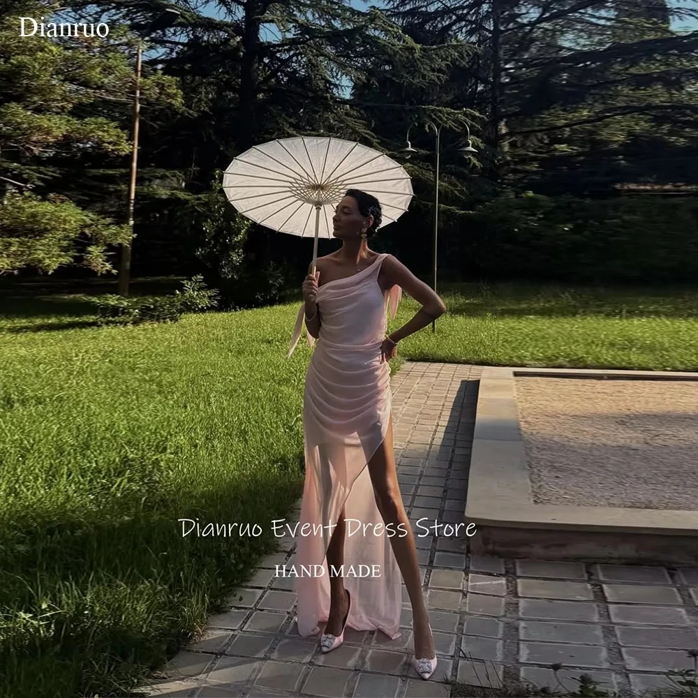 Dianruo สีชมพู Ruched ภาพลวงตาชุดราตรีไม่สมมาตร Hem ชุดผู้หญิงสูงชีฟองเซ็กซี่ Gowns 2025 ที่กําหนดเอง