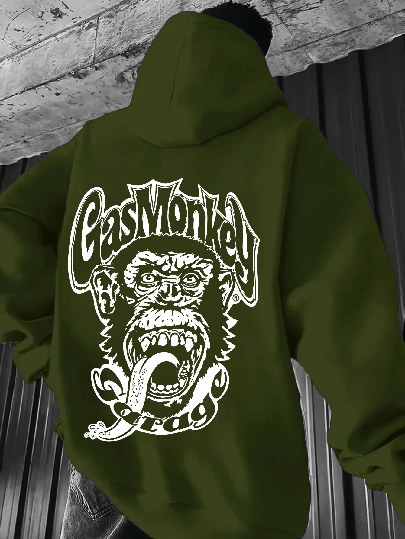 Suéter masculino com capuz vermelho/borgonha profundo – estampa gráfica Gorilla & Gasmonkey resistente, letras brancas negrevidas, pulôver casual hoo