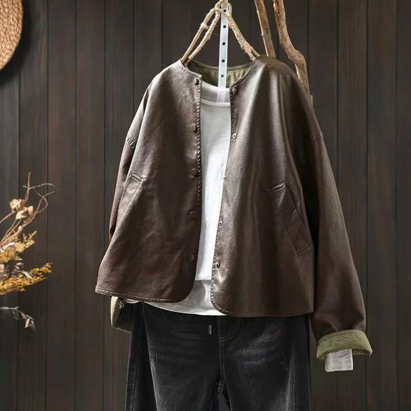 Damskie kurtki z długim rękawem, codzienne, nowości na jesień 2025, prosty styl, dekolt okrągły, jednolity kolor, skóra PU, odzież wierzchnia, płaszcze damskie T743