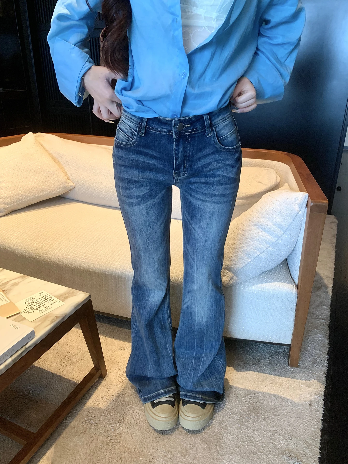 

XXIIUU Spring Summer New 2026 Women's Slimming Long Leg Denim Capri Pants Low Waist Cotton Stretchy Soft Denim Bell Bottoms