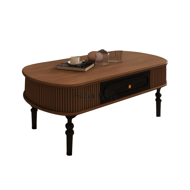 

**French retro style oval coffee table wabi sabi charcoal black + walnut contrasting color living room solid medium ancient styl