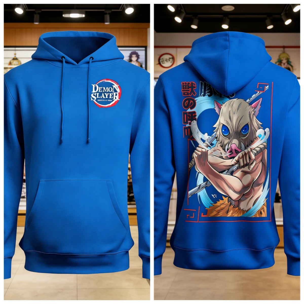 Demon Slayer Anime Baumwoll-Hoodie, blaue Farbe, Charakterdruck mit Inosuke-Schweinmaske, dynamischer Pose, Schwert, Kreuz, blauer Energieeffekt