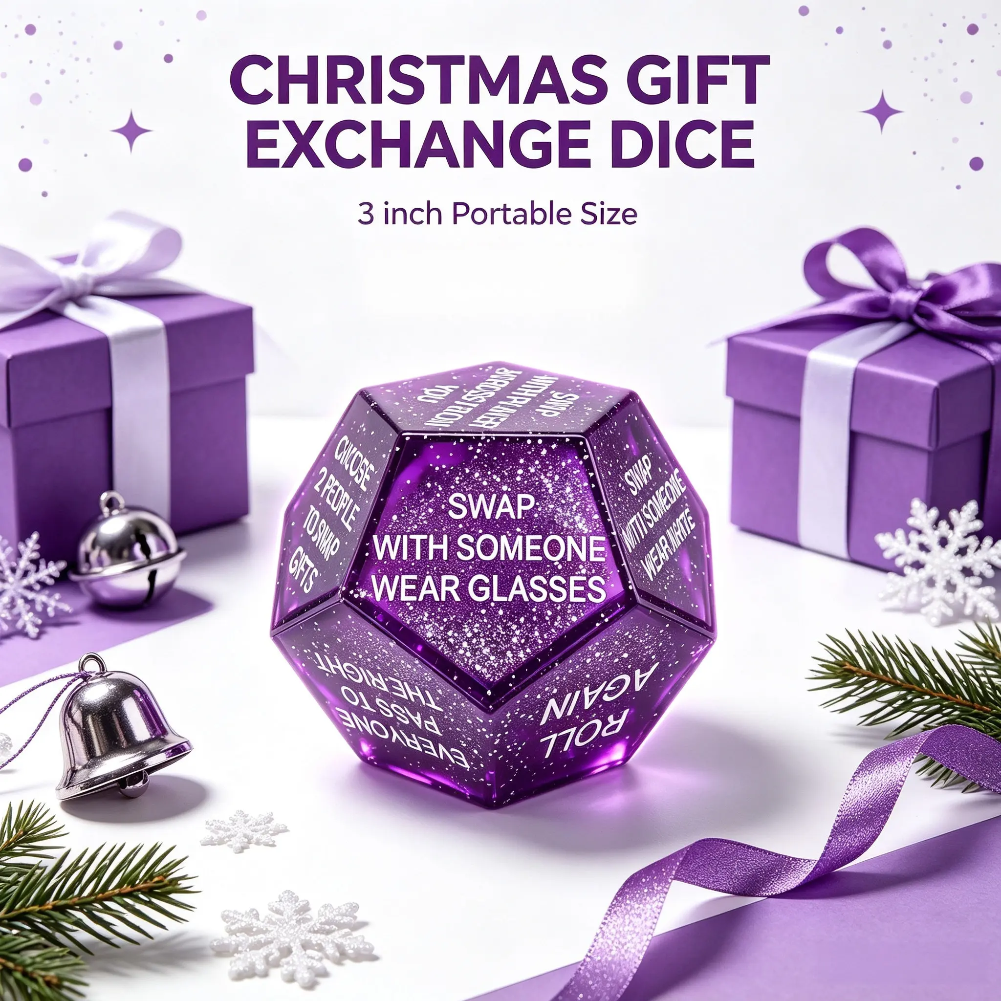 Purple shiny Santa Claus gift exchange dice, snowflake gift exchange game dice, 12 sided Christmas dice
