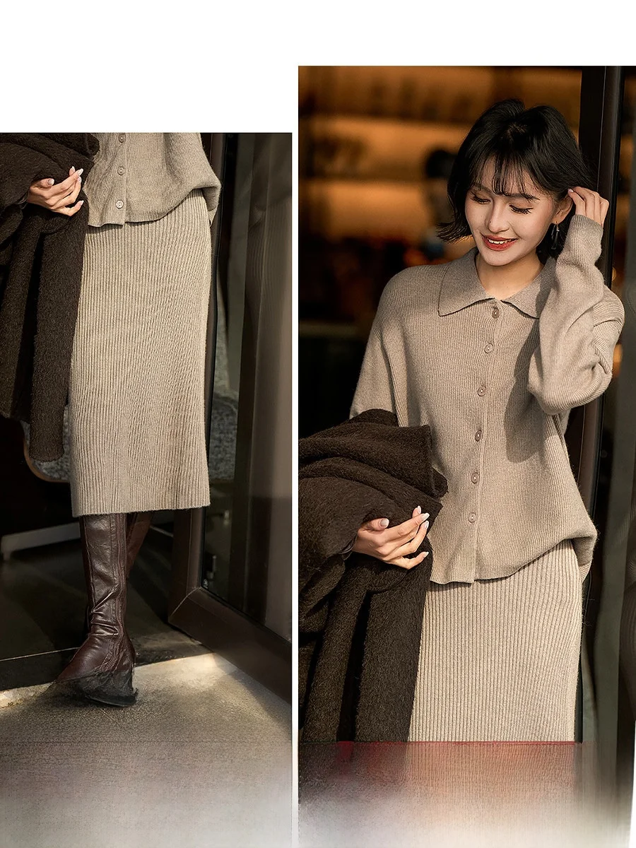

Alice Set Wool Camere Knitted f Skirt Autumn Winter Warm Commute Sle Women's Knitted Sweater And Skirt Ensemble