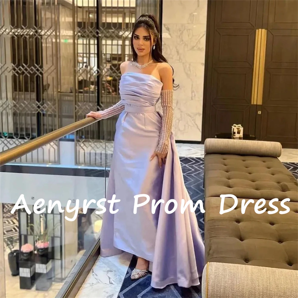 Aenyrst Purple Strapless Pleated customized Prom Dresses Satin Detachable Train Evening Gowns Ankle Length Formal Occasion Dress