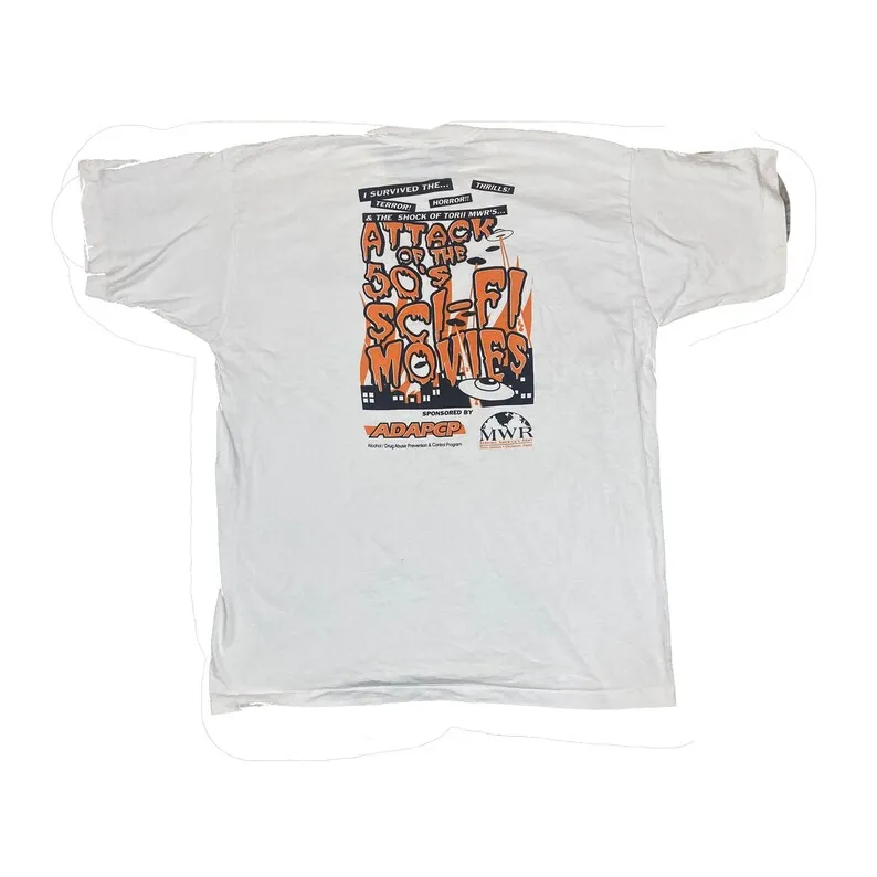 Vintage 90s adapcp drug abuse attack or the 50s sci-fi movies USA souvenir white orange T shirt size XL