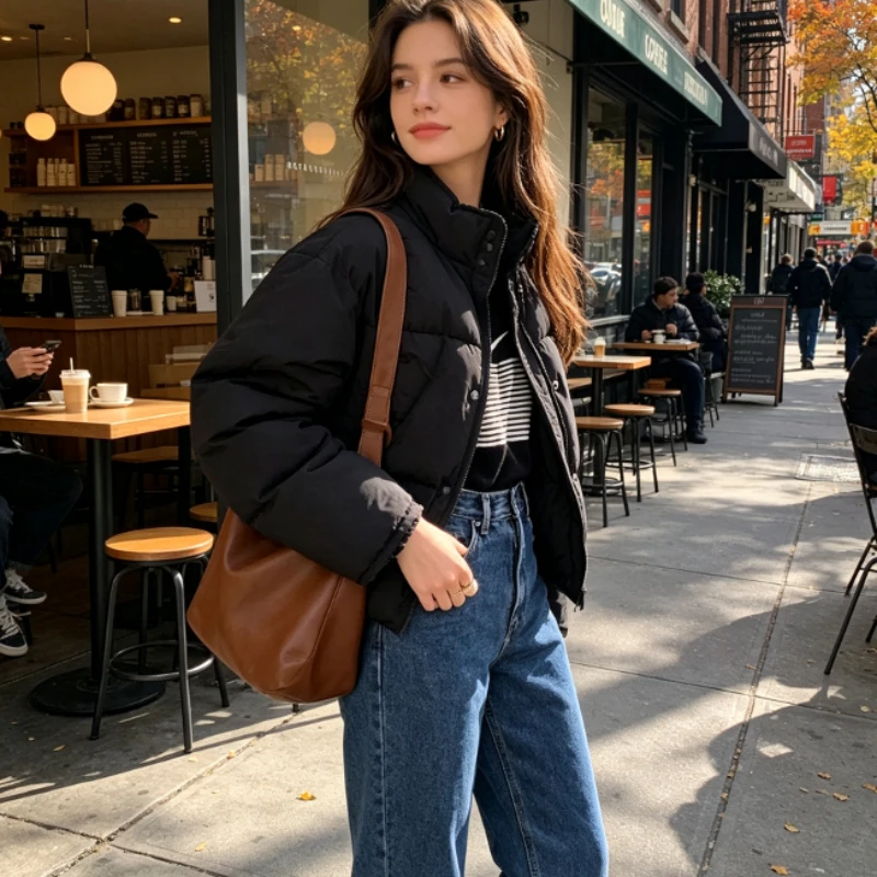 Cozy Street Daily Basic Women's Stand Collar Zip Up Short Loose Solid Color Warm Thick Padded Cotton Winter Puffer Jacket