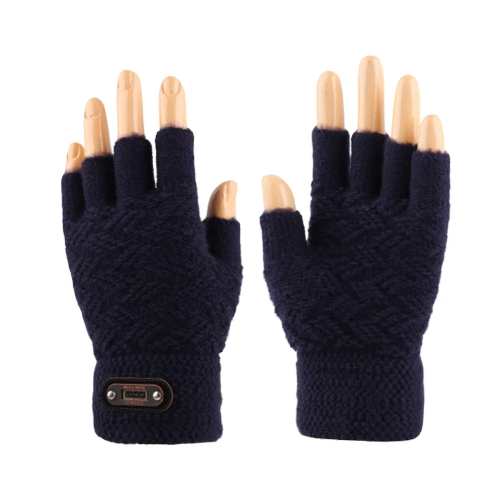 

1Pair Knitted Touch Screen Gloves Half Finger Men's Windproof Winter Gloves Warm Navy Outdoor Cold Weather Accessories