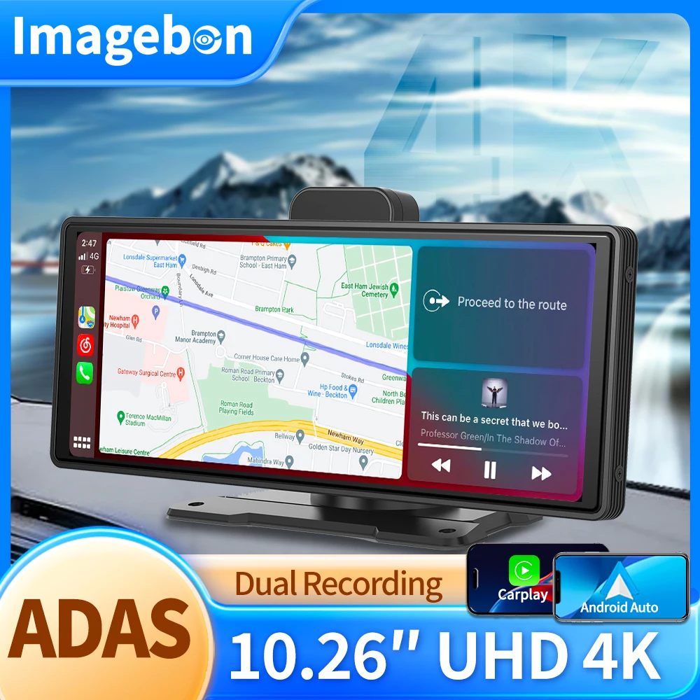 Imagebon 10.26인치 4K 대시캠 ADAS 무선 및 유선 CarPlay/Android Auto 5G WiFi GPS 네비게이션 후방 카메라 대시보드 비디오 레코더