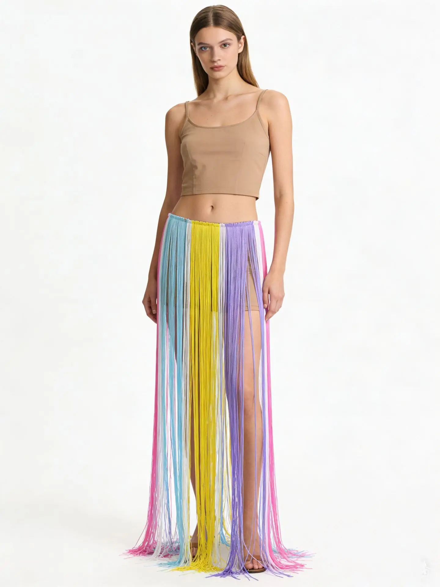 Women Rainbow Tulle Skirt Hit Color Tassel Hollow Out Long Skirt Fashion Bikini Cover Ups Party Holiday vacation beach Skirt