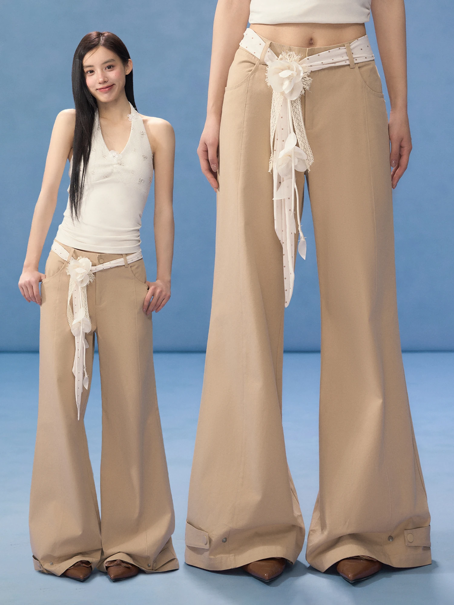 

High Waist Wide Leg Pants Women's Loose Casual Design Flower Belt Loose Slimming Casual Pants Korean Style Weekendhub