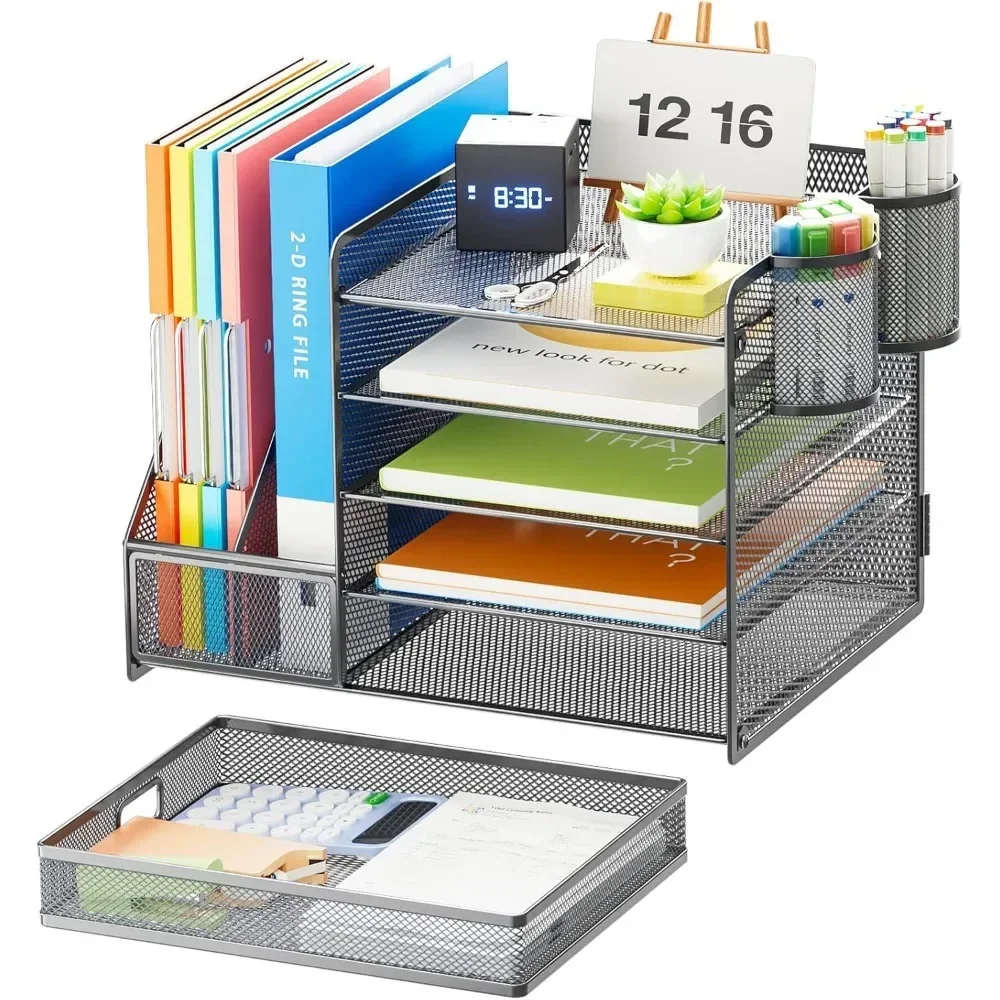 Organizer with File Holder, 5-Tier Paper Letter Tray Organizer with Drawer and 2 Pen Holder, Mesh Desktop Organizer and Storage