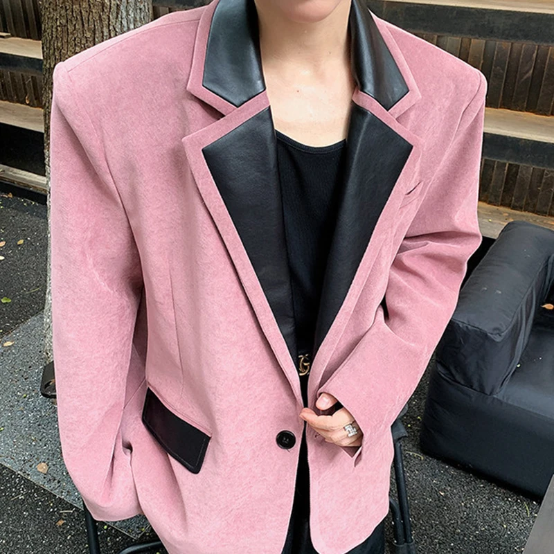 WTHT Fashion Men's Spliced Leather Shoulder Pad Blazer Coats Trendy Contrast Color Lapel Loose Jackets Male 2026 Summer 2A2871