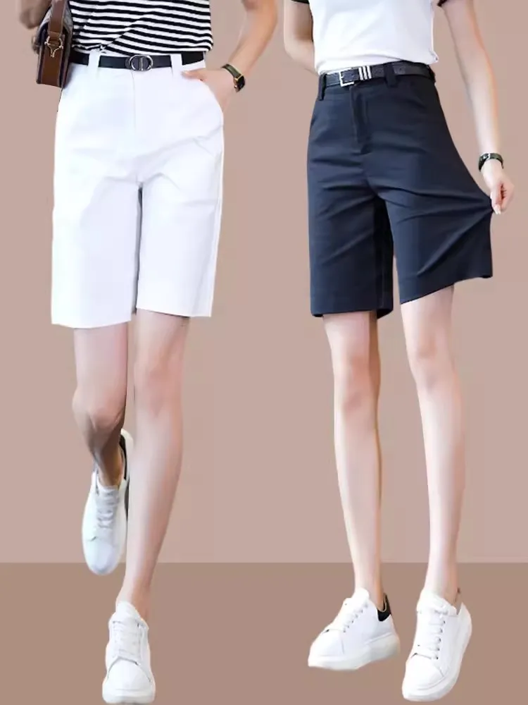 

Летние женские повседневные свободные брюки прямого кроя 2026 года, тонкие шорты-бермуды, универсальные, с высокой талией, эластичные, из полиэфирного волокна