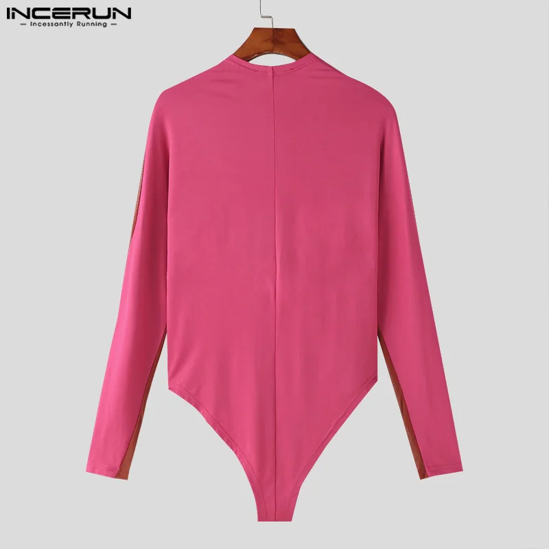 INCERUN Sexy Mens Homewear Jumpsuits Fashion Mesh Deconstruction Design Rompers Splicing Long Sleeved Triangular Bodysuits S-3XL