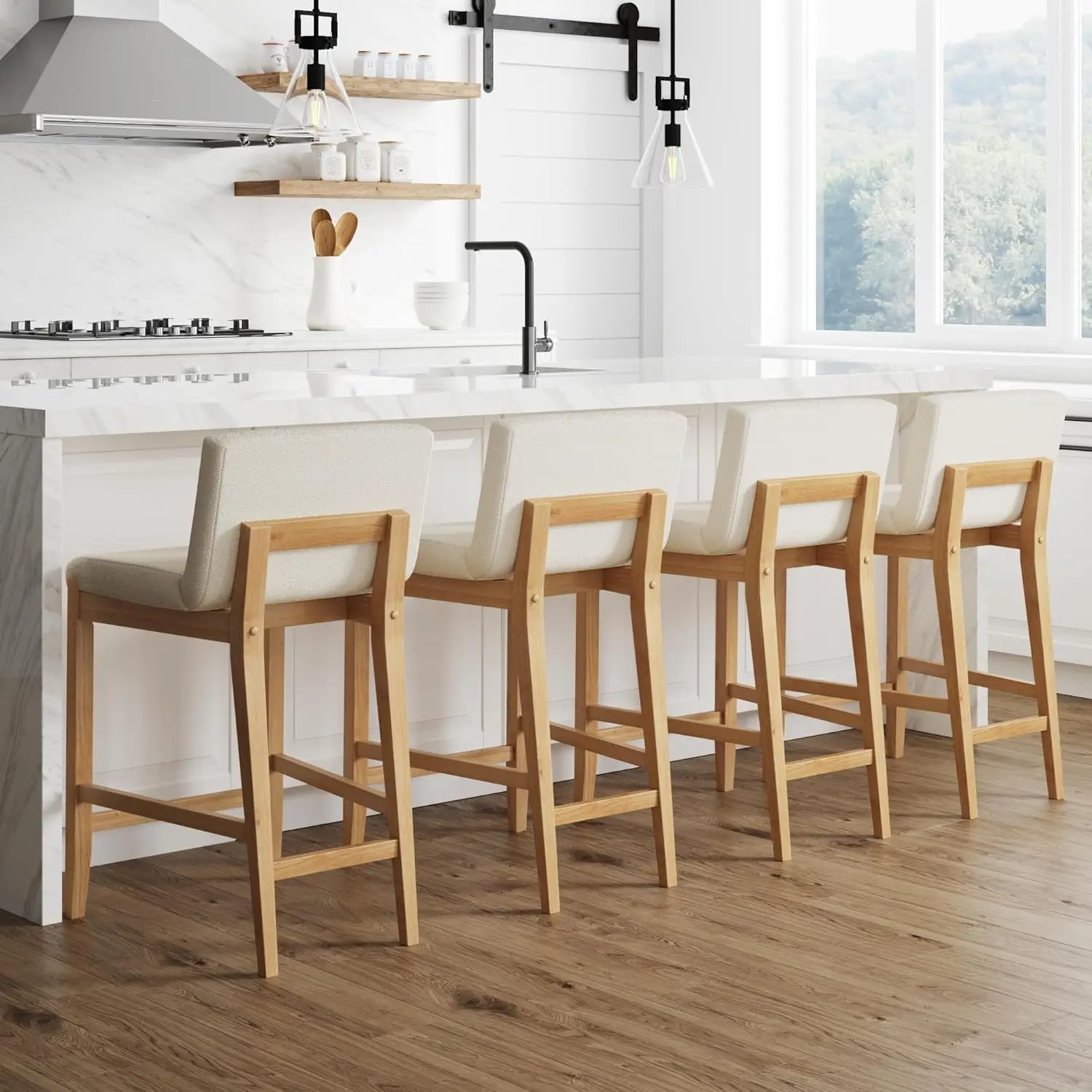 

Modern Counter Height Bar Stool with Back, Counter Stool Upholstered Chair with Natural Textured Linen and Brushed Wooden