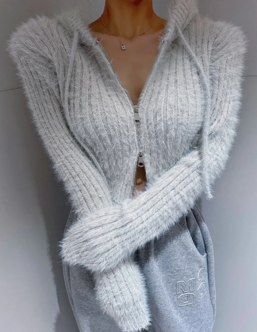 Korean Fashion Vintage Knitting Mink Cashmere Zipper Long Sleeve Soft Warm Women Autumn Winter Cardigan Sweater