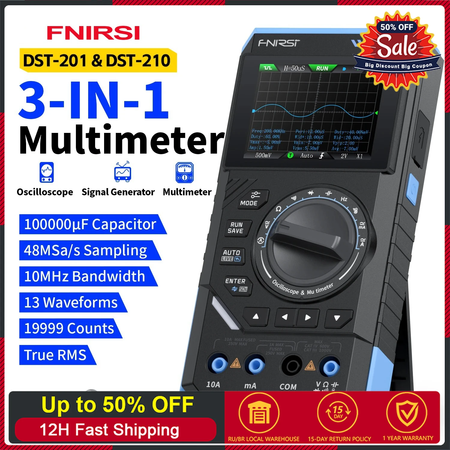 FNIRSI DST210 3-IN-1 Digitalmultimeter Multifunktionstester 10 MHz 48 MSa/s Abtastrate Oszilloskop