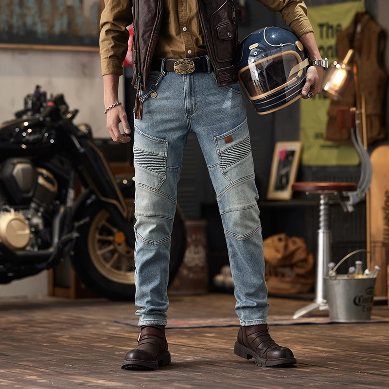 2024 New Retro Nostalgic Stitching Motorcycle Jeans Men's Slim Fit Skinny Elastic Trend Skinny Trousers