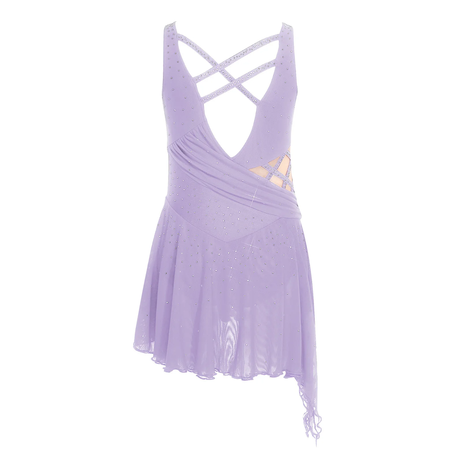 Children Girls Shiny Rhinestones Sheer Mesh Figure Skating Dress Lyrical Dance Ballet Gymnastics Acrobatics Leotard Dancewear