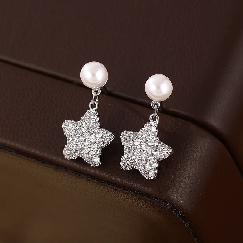 

2025 Pearl Star Earrings 925 Silver Studs Cubic Zirconia Minimalist Jewelry Women Elegant Dainty Gift Hypoallergenic