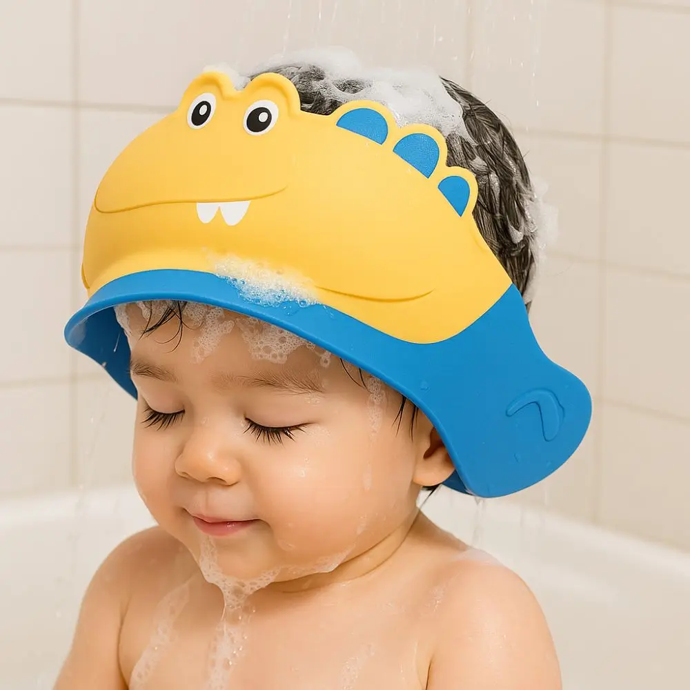 Urocza czapka do kąpieli dla niemowląt w kształcie zwierzątka, miękka, regulowana, wodoodporna czapka do mycia włosów dla dzieci, chroniąca oczy i uszy.