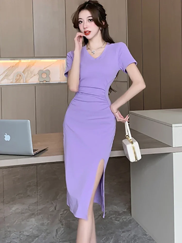 Women Purple Short Sleeve V-Neck Midi Dress Gown Summer Fashion Bodycon Casual Home Dresses 2024 Korean Elegant and Pretty Dress