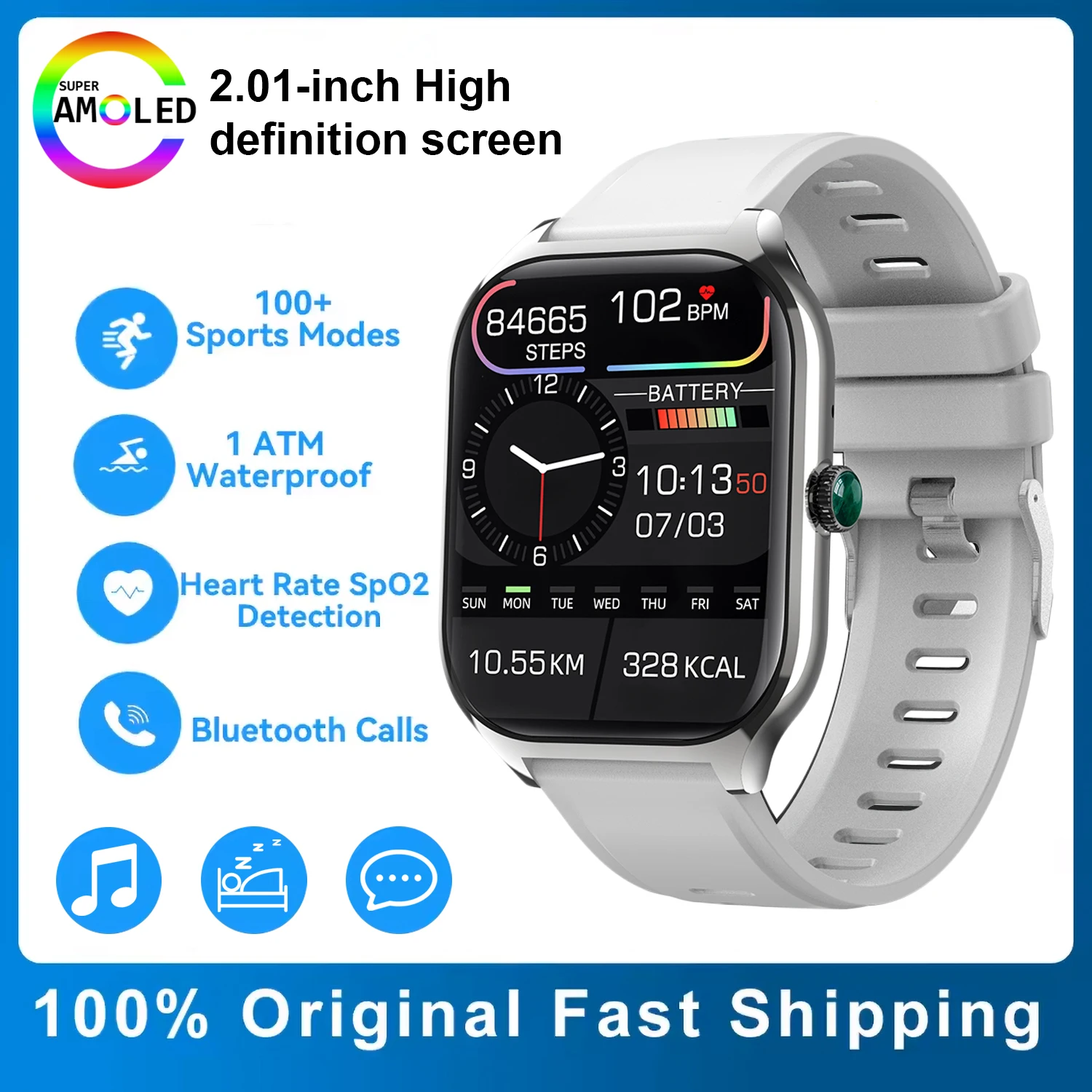 New Smart Watch For Man Bluetooth Call Heart Rate Sleep Health Monitor 2.01 Inch Screen Music Control Waterproof Smartwatch