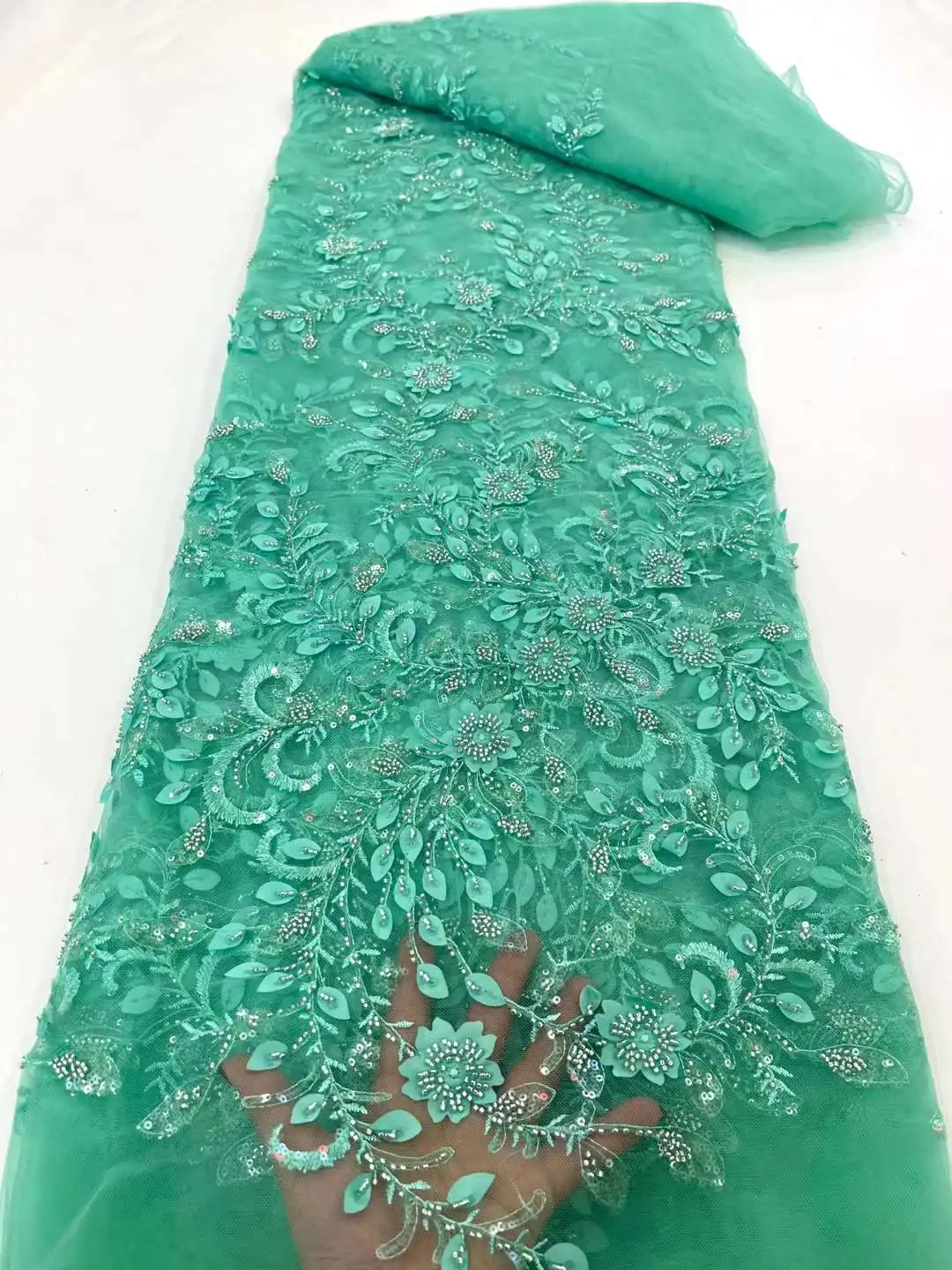 

Popular 3D Lace Design With Beads 3D Embroidery French Tulle Net /African Lace For Weddings/ Evening Dress Party