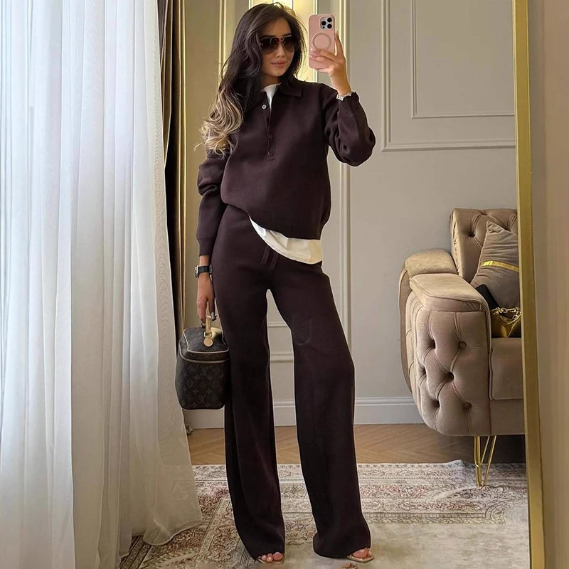 

Tornova Women's Fashion Knitted 2 Piece Set Lapel Buttons Pullover Sweater Loose Pant Suit Autumn New Casual Knit Matching Set