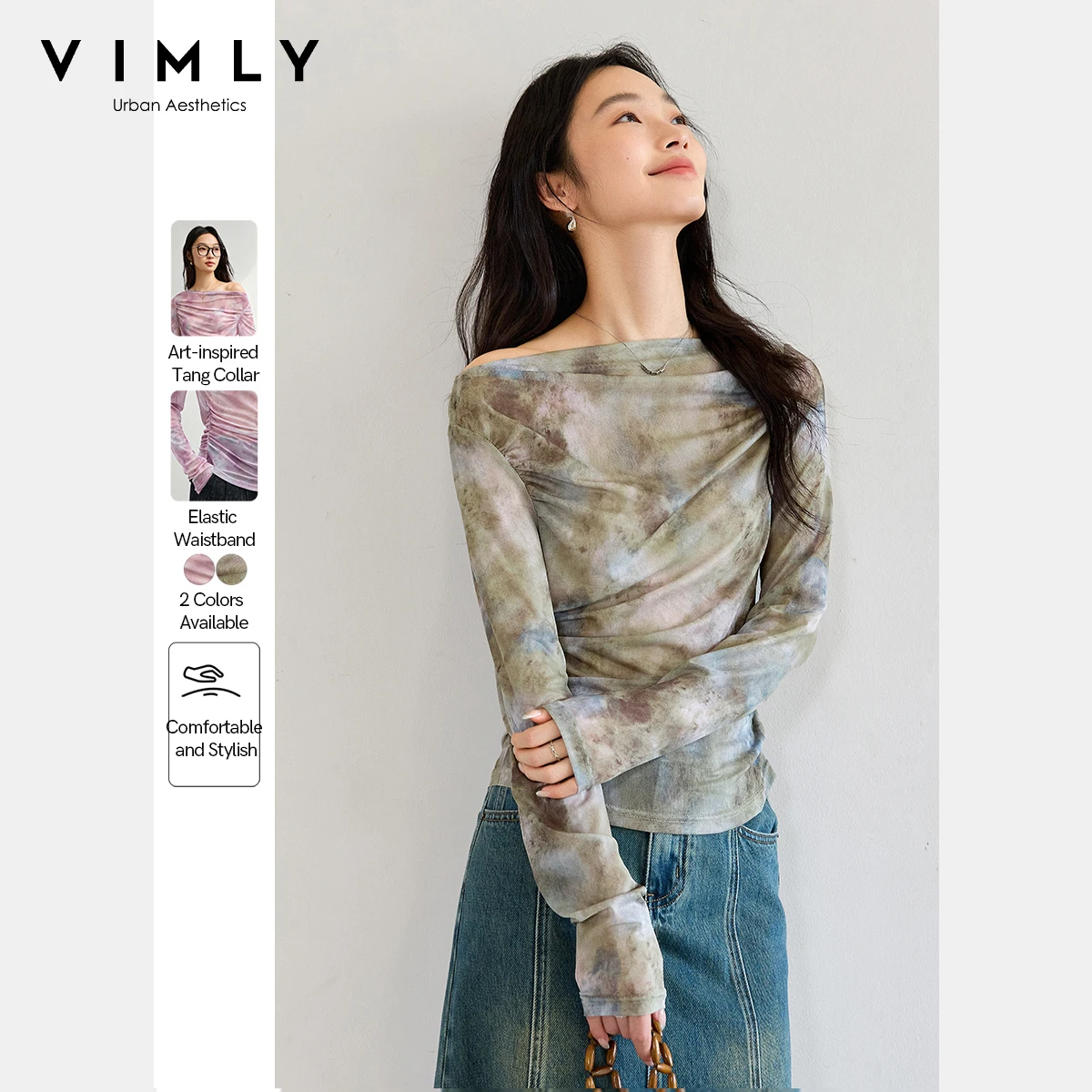 

VIMLY женская сетчатая футболка с принтом, женские элегантные топы, модная облегающая футболка с длинными рукавами 2025, женская одежда A0085